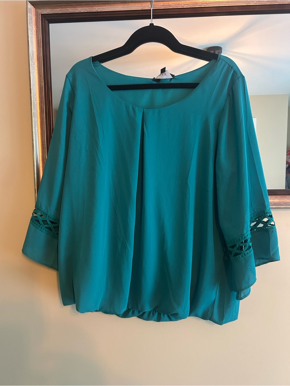 Source Unknown Teal Crochet-Sleeve Blouse